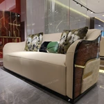 Cream Leather Sofa Set with Shell-Pattern Quilted Craftsmanship, Natural Burl Wood Veneer & Gold Stainless Steel Accents